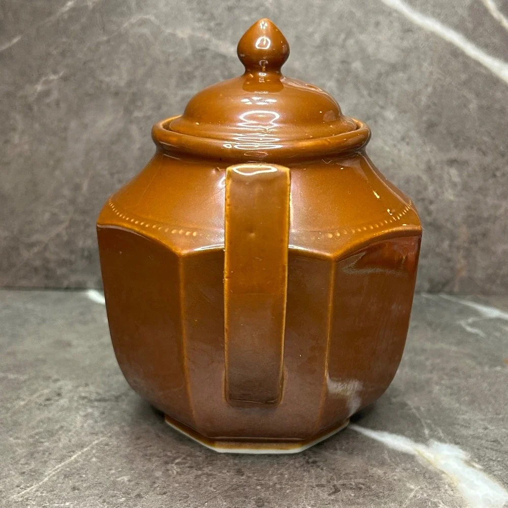 Vintage Ceramic Teapot Caramel Brown Glazed Tea Pot with Lid Dotted Trim Japan
